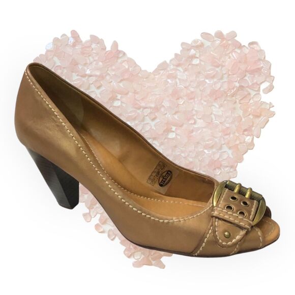 FOSSIL Gold Leather Block Heels, Peep toe with buckle, Women's Size 8 1/2 - Picture 11 of 13